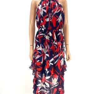 VINCE CAMUTO Ruffle Midi Dress SIZE 10 Red White Blue Tropical Floral Print